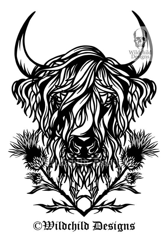 Download Highland Cow & Thistles Papercutting Template Highland Cow