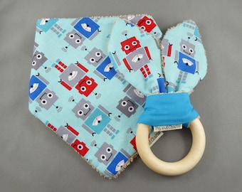 Gift Set - Bandana Dribble Bib and Teething Ring - Robots