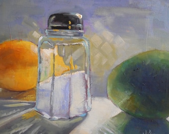 Daily Painting, Small Oil Painting, Still Life with Fruit "Salt, Lemon , Lime" 11x14" Oil by Carol Schiff, Free Shipping in US