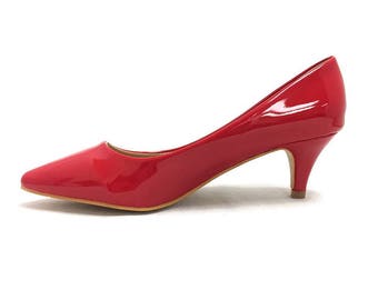 Red Patent Low High Heel Pumps