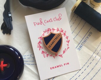 Navy blue and rose gold SEAMSTRESS hard enamel pin - seamstress pin - gift for seamstress - sewing gift - sewing enamel pin