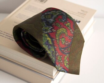 Vintage silk tie, altea mens necktie, silk neck tie, floral cravat cravatte / olive green red