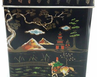 Vintage Tin Box Storage Box Baret Ware England Metal Box With Oriental Senses Beautiful Colors & Gold Lines Nos