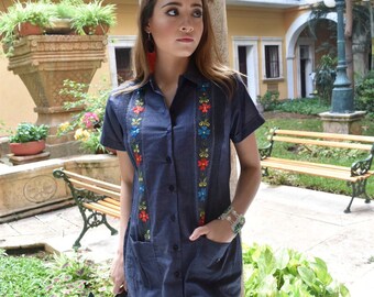 Women's Denim Blue Guayabera with Embroidered Flowers Yucatan Dress