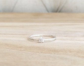 Tiny hammered solitaire ring, thin hammered band, cz ring, sterling silver ring, sterling silver, rings, solitaire, engagement ring