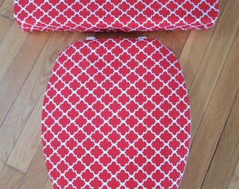 Red White Trellis Toilet Seat Lid Cover Set