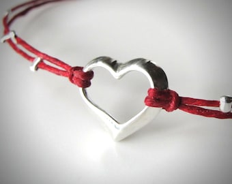 Heart bracelet, Sterling Heart Red Bracelet, Love, Anniversary bracelet, Bridesmaid Bracelets, ready to ship, mothers day gift, for her