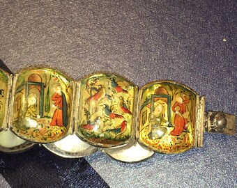 Antique Panel Bracelet Hand Painted Mother of Pearl 8 Panel sterling Silver Persian Bracelet