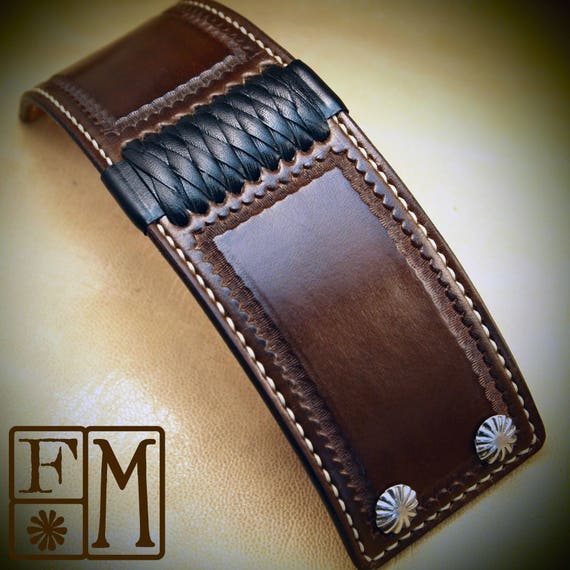 Brown Leather cuff Bracelet American Western Saddle wristband Handstitched Braided Stamped Handcrafted for YOU in USA by Freddie Matara!