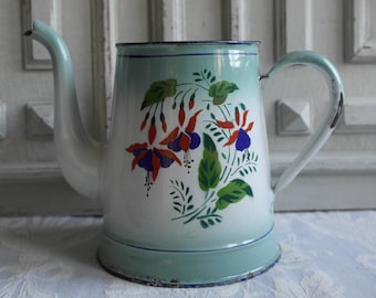French vintage jug, flower vase enamel coffee pot, jug green and white floral cafetiere 1930's fuschias enamelware antique country kitchen