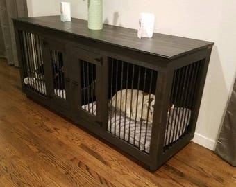 Double Door Dog Kennel, Handcrafted Wooden Dog Crate, Dog Furniture