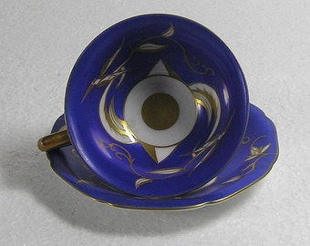 Art Deco Fine Bone China Schmiederfeld Thuringen Hand painted Blue Mokka Cup and Saucer Stunning