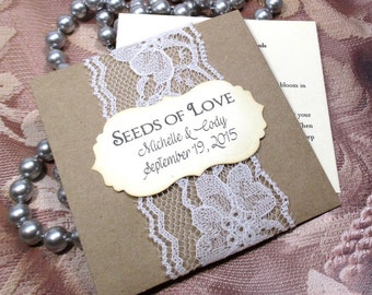 Rustic Wedding Favors - Wildflower Seeds - Lace - Personalized - 10 Seed Packets - Seeds of love