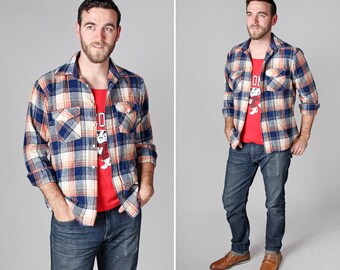 Vintage Navy and Tan Plaid Button Up Shirt - Woven Country Retro 1970's White Red Flannel Long Sleeve - Size Medium