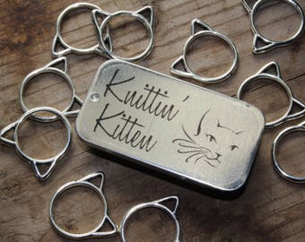 Large Snag Free Silver Cat Stitch Markers with Storage Tin, Knittin' Kitten Stitch Markers, Gifts for Knitters, Gift for Mom, Knitting Tools