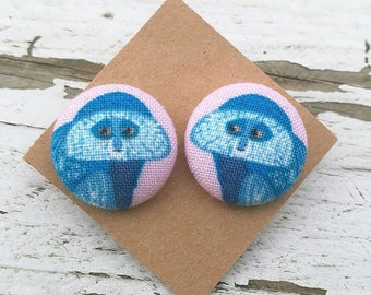 Fabric Button Post Earrings - Blue Monkeys - 3/4"