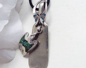 Navajo Turquoise, Turquoise Sterling Silver Pendant, Navajo Crushed Turquoise Necklace, One of a Kind Pendant, Peyote Bird Pendant