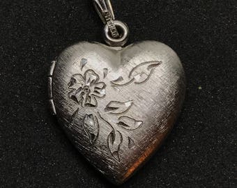 Vintage Sterling Heart Locket, Floral Engraved Design on Cover, Sterling Bail, Sterling Heart Charm, Vintage Heart Locket Pendant