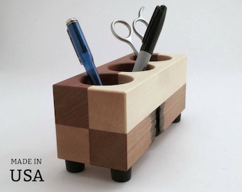 Wooden Pencil Holder, Desk Organizer, Modern Office Pen Holder, Office Organizer, Desk Caddy Organizer, Wood Block Pencil Holder Made in USA
