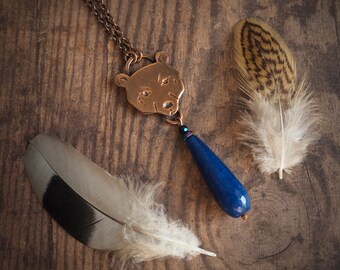 bear necklace, navy blue jade drop pendant, woodland stories, animal jewelry, nature inspired animal pendant, boho necklace, gift for her