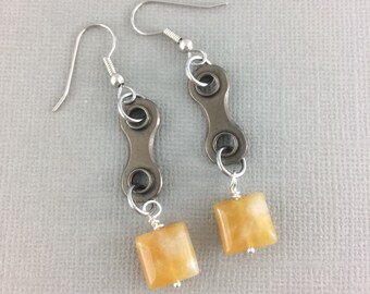 Yellow jade bike earrings, bicycle jewelry, cycling accessories, dangle bicycle earrings, mtb gifts, fixie jewelry, bmx accessories