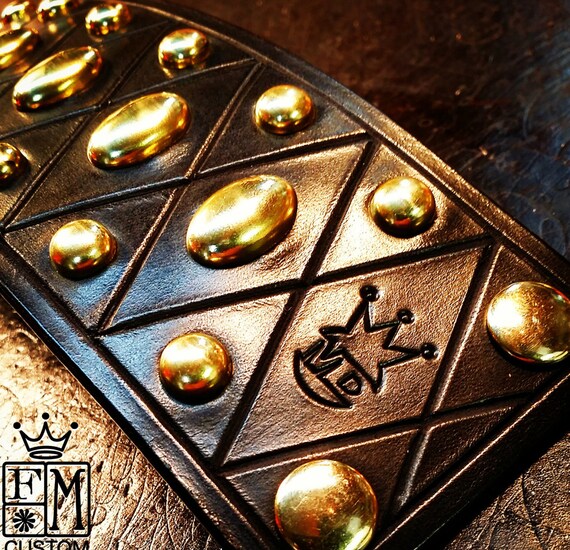 Leather cuff Bracelet Custom Black and Brass wristband Harlequin studded Diamonds Made for YOU in New York by Freddie Matara