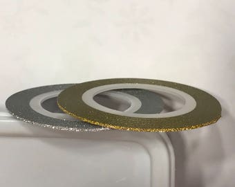 Set, 2 rolls nail art striping tape, 1 mm, glitter gold and glitter silver (S3)+