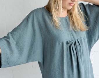 Linen Dress Motumo - 17S1 / Handmade loose linen summer dress with kimono sleeves / Washed linen dress