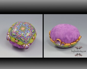 Pincushion, Polymer Clay, Hand-Dyed Cotton, Lavender