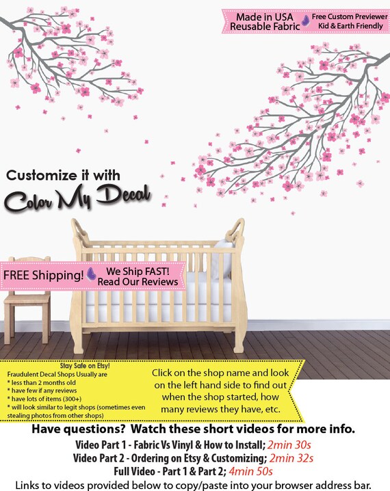 Pink and Grey Decals Branch Decals Flower Wall Stickers