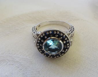 Poison Ring Aquamarine Sterling Filigree March Birthstone Blue Sapphire Stones Keepsake Secret Compartment Ring, Size 6