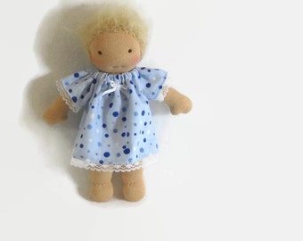 7 to 8 inch Waldorf doll blue dots cotton flannel nightgown, Waldorf doll clothes, tiny doll nightgown, handmade doll clothing
