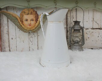 Large / French / Enamel / Pitcher / Enamel Pitcher / Jug / French Enamelware / French Vintage / Enamel Jug / White Pitcher