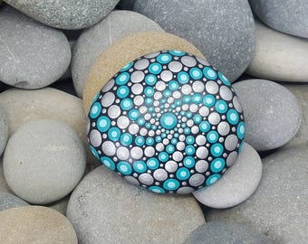 Silver Turquoise Painted Rock - Paint Rock - Mandala Rock - Turquoise - Mandala Art - Hand-Painted Pendant Stone - Chakra - Paperweight