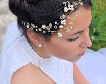 Bridal hair vine, wedding hair vine, Swarovski and mother of pearls