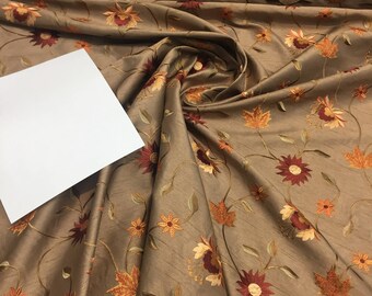 Bloom Coffee Embroidered Floral Faux Silk Fabric by the yard Drapery and pillows