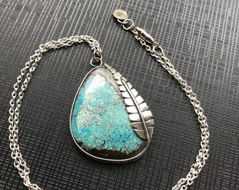 Turquoise Feather Pendant, Silver