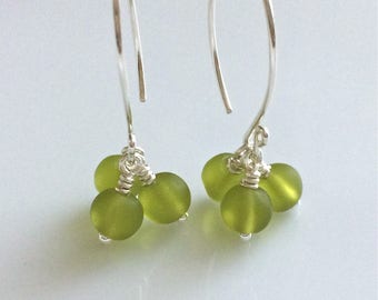 Olive Green Glass Earrings Cultured Sea Glass Cluster Earrings Sterling Silver Earrings