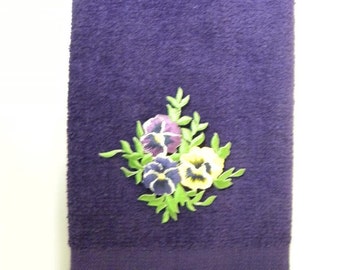 Pansy fingertip hand towel purple vintage applique pansies flowers spring
