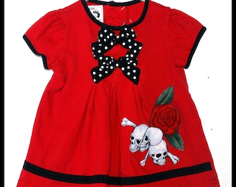 Girls Rockabilly Dress in Red with Skulls, Bones and Roses ........Size 18 months baby girls