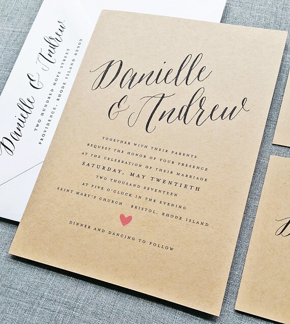 Danielle Rustic Wedding Invitation Sample On Recycled Kraft Card Stock With Calligraphy Script Font Danielle Rustic Wedding Invitation Sample On Recycled Kraft Card Stock With Calligraphy Script Font