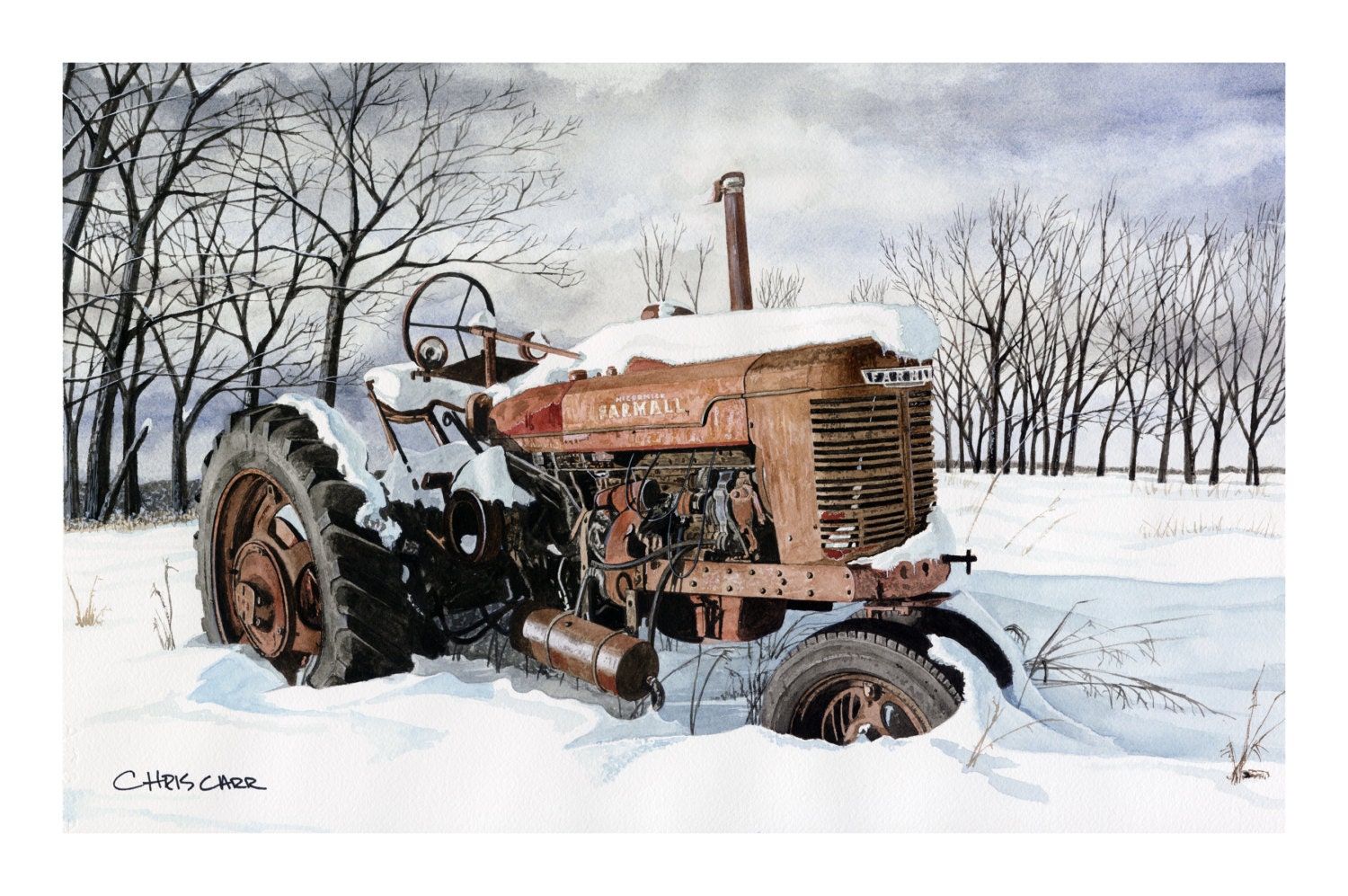 Farmall Tractor. Winter Scene Art Print Watercolor Painting