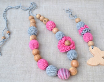 Pink Gray Set Nursing Necklace Teether Breastfeeding Necklace Teething necklace Crochet beads Juniper beads First toy Cotton Crochet Bead
