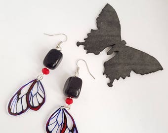 Pendant earrings with butterfly, insect earrings, blue red pendants, hand painted, made in Italy, friend gift, insect lover,