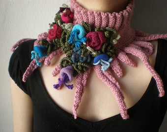 Elan ... knitted scarflette - dusted rose pink neck warmer with purple, blue, red, pink colorful crochet flowers