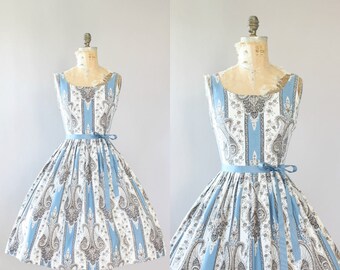 Vintage 50s Dress/ 1950s Cotton Dress/ Blue Paisley Print Cotton Dress w/ Full Skirt M