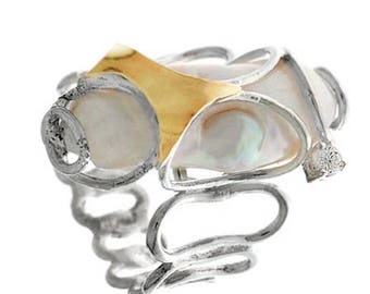 Silver and Gold ring, Pearl + Clear CZ Ring, Womens silver ring, Unique silver ring, handmade