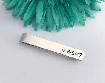 Date tie clip Wedding tie clips Personalized Tie Clip SPECIAL mesage on back choose your own wording- Hand stamped - great for a gift