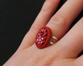 Vintage Red Carved Hibiscus Cameo Adjustable Silver Ring