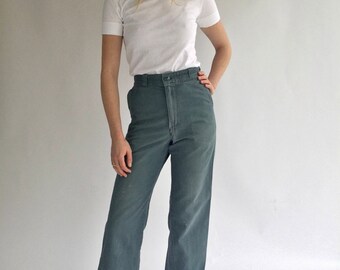 Vintage 24 25 26 27 28 29 30 High Waist Teal Cotton Twill Chinos | Wide Leg Crop Utility Pant Trouser | Sailor Pant Green SEE SIZE RANGE